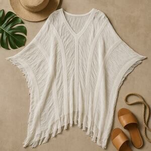 Uptown USA Shredded Cocoon Fringe Long Open Swim Coverup Festival Party Dress OS